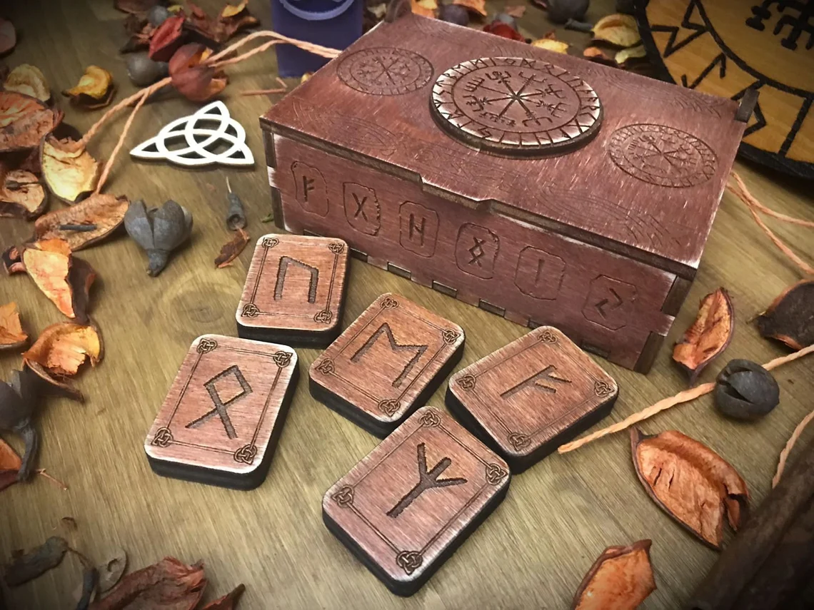 Handcrafted wooden Futhark runes and rune box by The Little Sorcerer